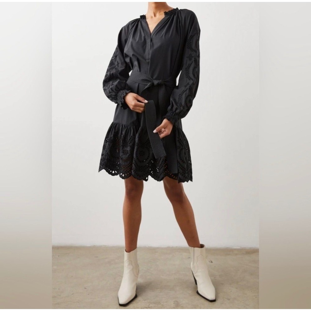 RAILS Saylor Black Eyelet Dress Tie Belt Waist Long Sleeve Cotton Blend SMALL